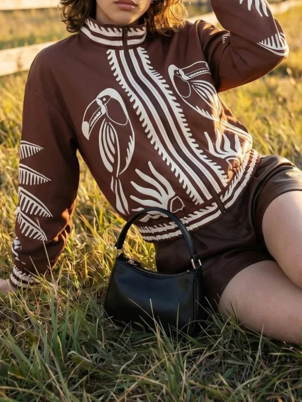 Brown Toucan Print Zip-Up Cropped Lightweight Jacket with Contrast Trim